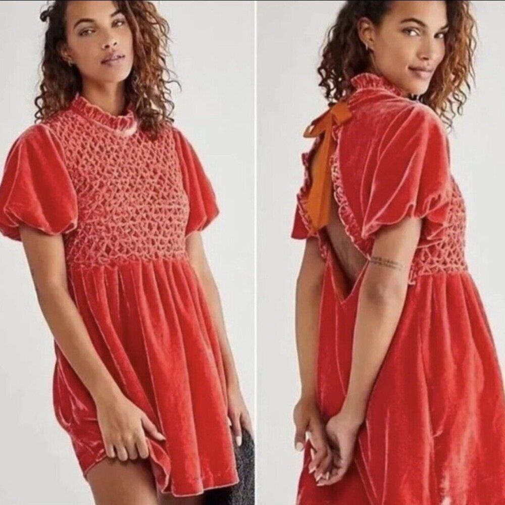 NWT Free People‎ Tangerine Gum Drop Velvet Ruffle Mini Dress Small Open Back